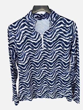 Gottex Women's Long Slv 1/4 Zip Golf Tennis Top Blue Watercolor Zebra LARGE NWT